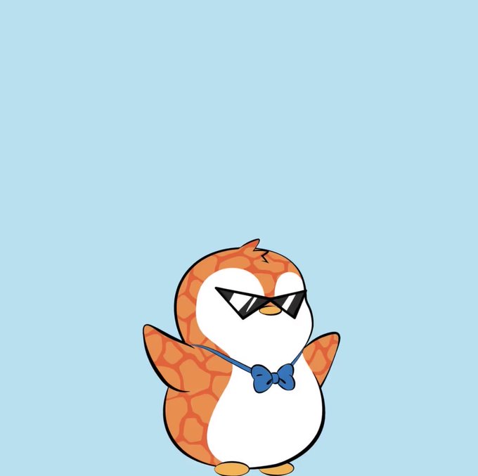 Cartoon illustration of a chubby penguin with orange patterned feathers, wearing black sunglasses and a blue bowtie.