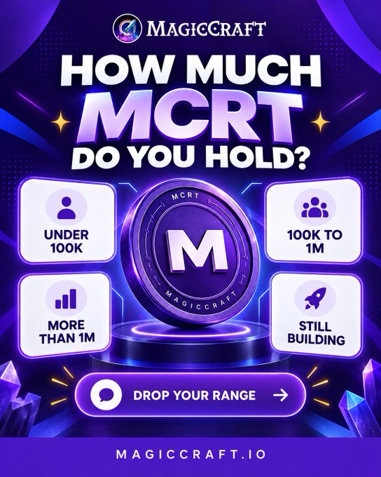 A promotional graphic for MagicCraft asking 'HOW MUCH MCRT DO YOU HOLD?' with options like 'UNDER 100K', '100K TO 1M', 'MORE THAN 1M', and 'STILL BUILDING', along with the website 'MAGICCRAFT.IO'.