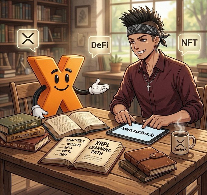A young man with a bandana studies at a library table alongside an animated orange "X" character, with open books titled "XRPL Learning Path," "Chapter 2: Wallets, NFTs, DeFi," and "Digital Finance / Blockchain Basics," a SurferX mug, and a tablet labeled "learn.surferx.io," while speech bubbles highlight "X," "DeFi," and "NFT"—perfectly visualizing the SurferX Learn Hub's educational focus on XRP Ledger topics.