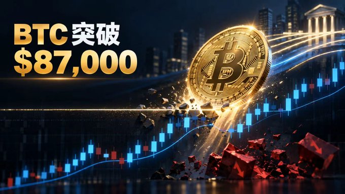 A promotional graphic showing a golden Bitcoin coin bursting through a stock chart, with the text "BTC 突破 $87,000" in Chinese, indicating Bitcoin has broken through $87,000.