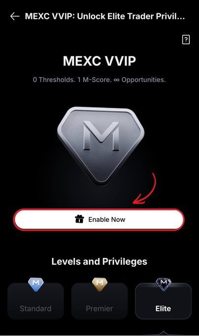 A mobile app screen for 'MEXC VVIP: Unlock Elite Trader Privileges' showing a diamond-shaped 'M' badge and an 'Enable Now' button highlighted with a red circle and arrow, with tier options Standard, Premier, and Elite below.