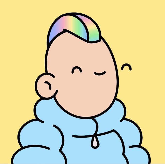 A simple cartoon illustration depicts a bald person with a small tuft of rainbow-colored hair wearing a light blue hoodie against a yellow background.