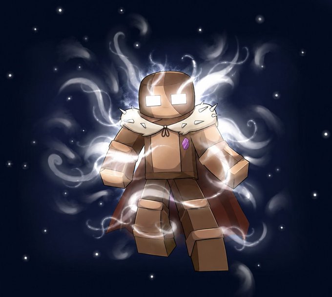 Digital artwork of a blocky, Minecraft-style character with a glowing white mask and a spiked fur collar, surrounded by swirling white smoke against a starry dark blue background.