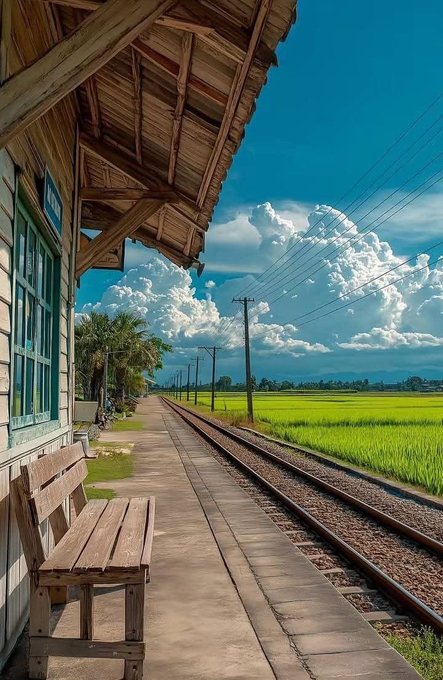 The image features a wooden bench situated next to train tracks with an open window above it, offering a view of the surrounding area. The bench appears to be empty at the moment. In the background, there are power lines running parallel to the train tracks, indicating that this location is likely near a railway station or a rural setting where trains pass through frequently.