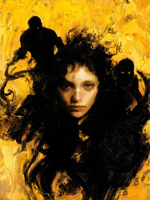 Dark, painterly portrait of a woman surrounded by shadowy figures against a swirling yellow background.