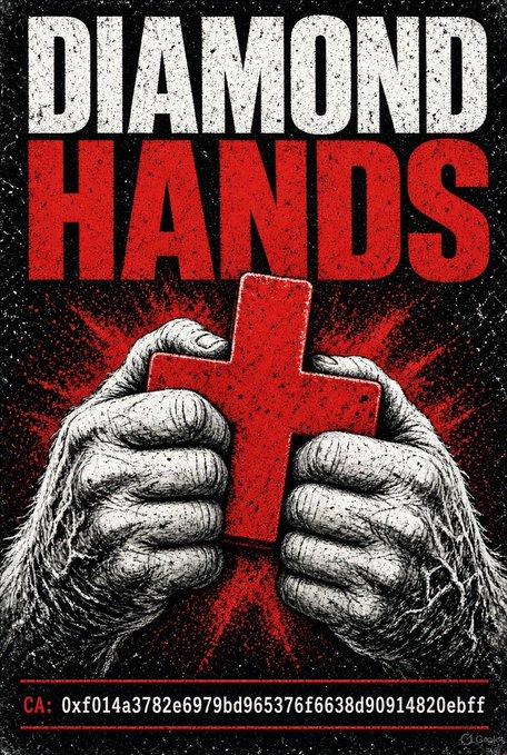 A gritty promotional graphic for 'DIAMOND HANDS' featuring two hands gripping a red cross with a radiant red background, displaying the contract address CA: 0xf014a3782e6979bd965376f6638d90914820ebff at the bottom.