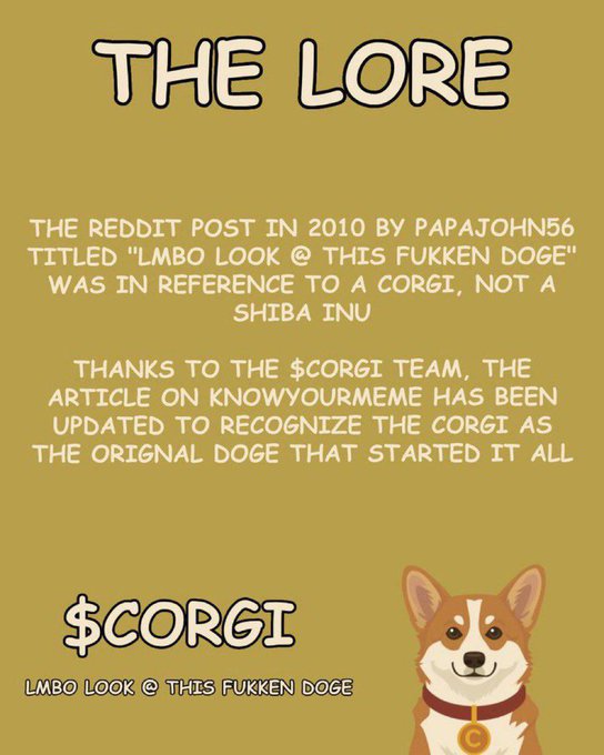 A yellow meme infographic titled 'THE LORE' explaining that the 2010 Reddit post 'LMBO LOOK @ THIS FUKKEN DOGE' was originally about a Corgi, featuring a cartoon Corgi mascot and the $CORGI token logo.