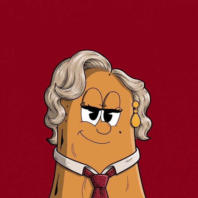 A cartoon character resembling an orange blob with blonde hair, a white collar, and a red tie is shown against a dark red background.