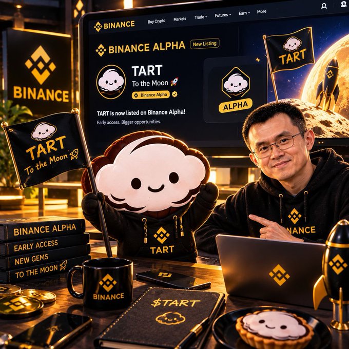 A promotional image for Binance Alpha showing a 'TART' coin listing on the screen, with CZ smiling beside a TART mascot holding a flag that reads 'TART To the Moon'.