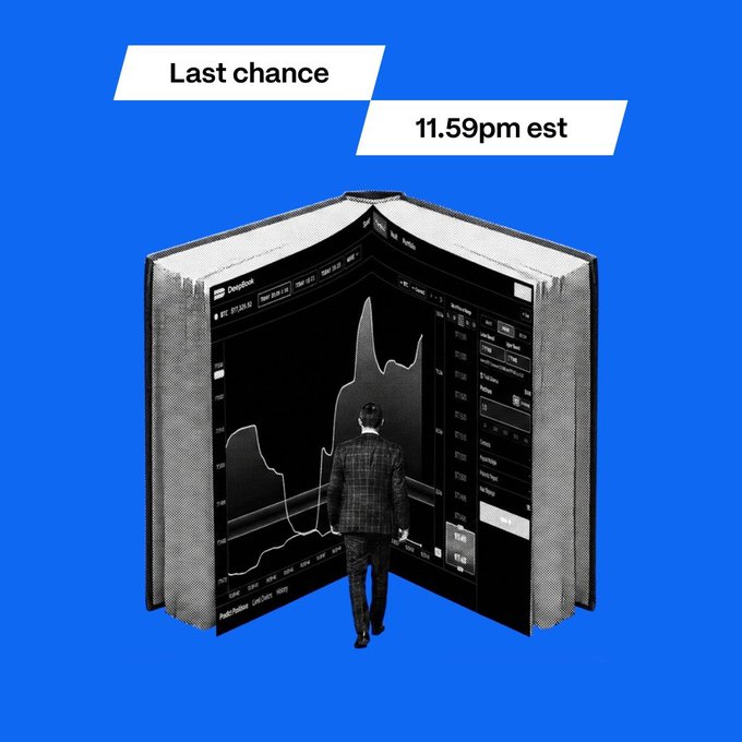 A 3D-style illustration of a man in a suit standing before a large trading chart, with text banners reading 'Last chance' and '11.59pm est' floating above against a blue background.