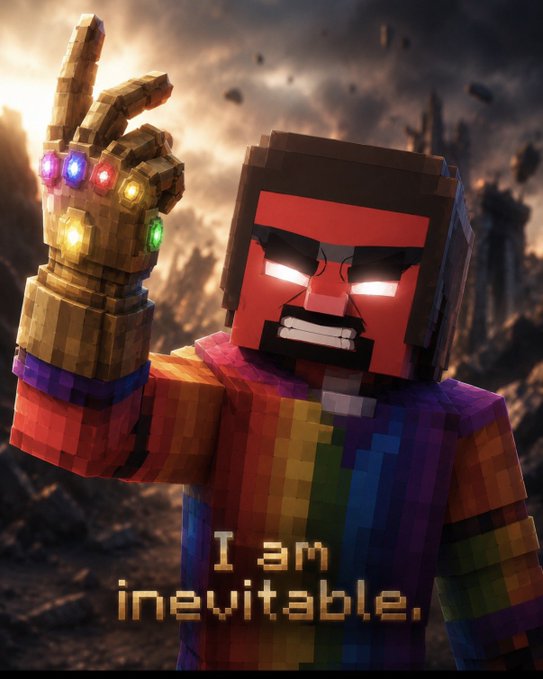 A Minecraft-style character wearing a rainbow shirt displays an Infinity Gauntlet with glowing stones, accompanied by the text 'I am inevitable.'