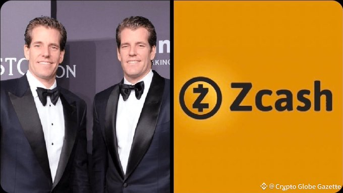 A split image showing twins Cameron and Tyler Winklevoss in tuxedos on the left and the yellow logo for the cryptocurrency 'Zcash' on the right, watermarked by 'Crypto Globe Gazette'.