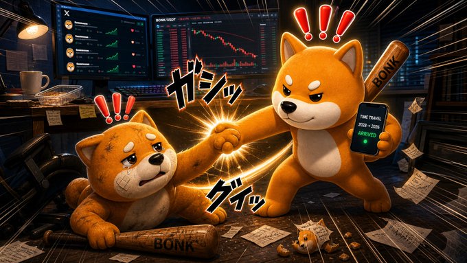 An anime-style illustration of two Shiba Inu characters in a fistfight, one battered and the other holding a smartphone displaying 'TIME TRAVEL 2025→2026 ARRIVED', with Japanese sound effects 'ガシャ' and 'グシャ' and 'BONK' baseball bats.
