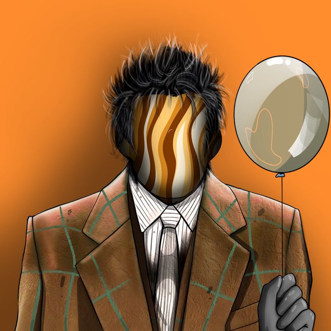 A stylized digital illustration of a faceless figure in a brown plaid suit holding a gray balloon, with the face obscured by vertical brown and cream stripes against an orange background.