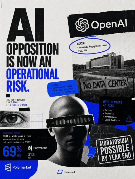 A Devstack/Polymarket poster titled 'AI OPPOSITION IS NOW AN OPERATIONAL RISK' featuring OpenAI references, a 'NO DATA CENTER' protest, and a 69% prediction of a full AI data center moratorium in 2025.