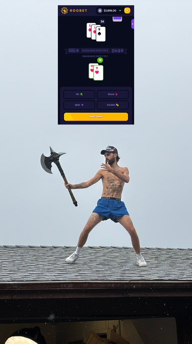 A meme-like image shows a muscular man holding a large axe on a rooftop beneath a small “ROOBET” blackjack-style game interface with cards, betting buttons, and “$1,000.00.”