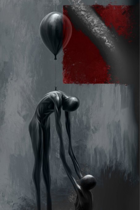 A dark, surreal digital artwork showing a black balloon attached by a string to a hunched, shadowy humanoid figure against a grey wall with a red painted square.