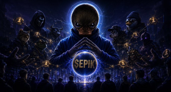 This digital illustration features a central figure with a duck head wearing a blue hoodie, surrounded by various anthropomorphic animal characters and connected by a network of nodes. The image prominently displays the ticker **$EPIK** in the center, symbolizing the potential for the project to serve as a central hub or distribution layer for the surrounding community.