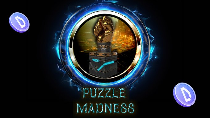 A glowing blue "PUZZLE MADNESS" emblem featuring a golden bust on a pedestal with a $WOD token graphic, flanked by two Dypius (DYP) coin icons, promoting the 10-piece, 2-hour challenge hunt across Island Zero and Dypians City offering up to 160,000 points.