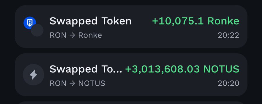 A dark-themed cryptocurrency wallet interface showing two swap transactions: 'Swapped Token RON → Ronke +10,075.1 Ronke' at 20:22, and 'Swapped To... RON → NOTUS +3,013,608.03 NOTUS' at 20:20.