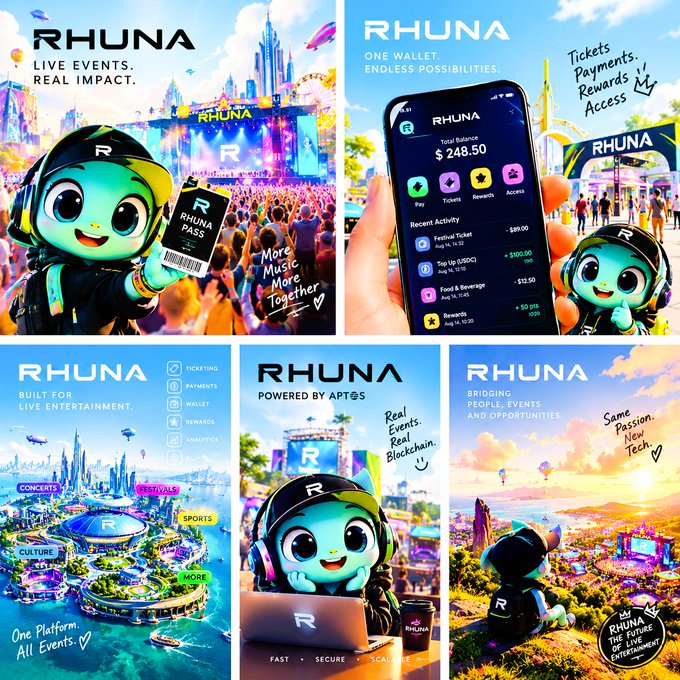 A promotional collage for 'RHUNA' featuring a teal mascot character and showcasing a wallet app with a balance of $248.50, with text like 'LIVE EVENTS. REAL IMPACT.' and 'One Wallet. Endless Possibilities.'