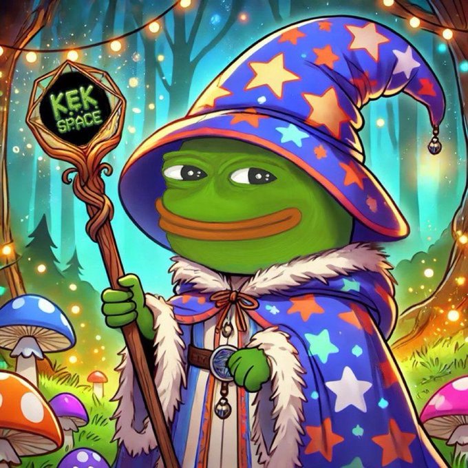 A colorful cartoon illustration of a green Pepe the Frog character dressed as a wizard in a starry blue hat and robe, holding a staff with a sign reading 'KEK SPACE' in a magical forest setting.