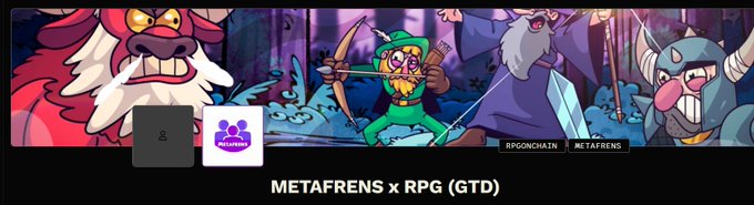 The image is a colorful banner for "MetaFrens x RPG (GTD)" featuring cartoon character art, RPG/Metafrens logos, and Twitter handles "@rpgonchain" and "@mettafrens." It serves as a promotional graphic for a live raffle announced in the post, encouraging followers to catch it in the Metafrens Discord before it's too late.