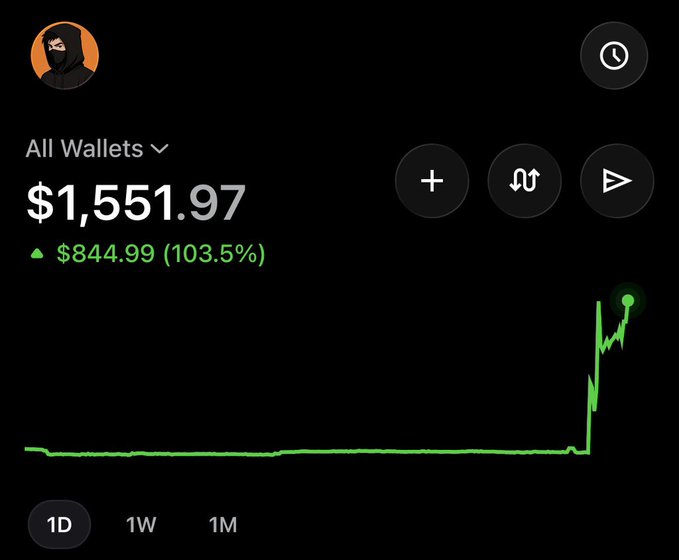A crypto portfolio tracking screen showing 'All Wallets' balance of '$1,551.97' with a green profit of '$844.99 (103.5%)' and a 1D price chart showing a sharp upward spike.