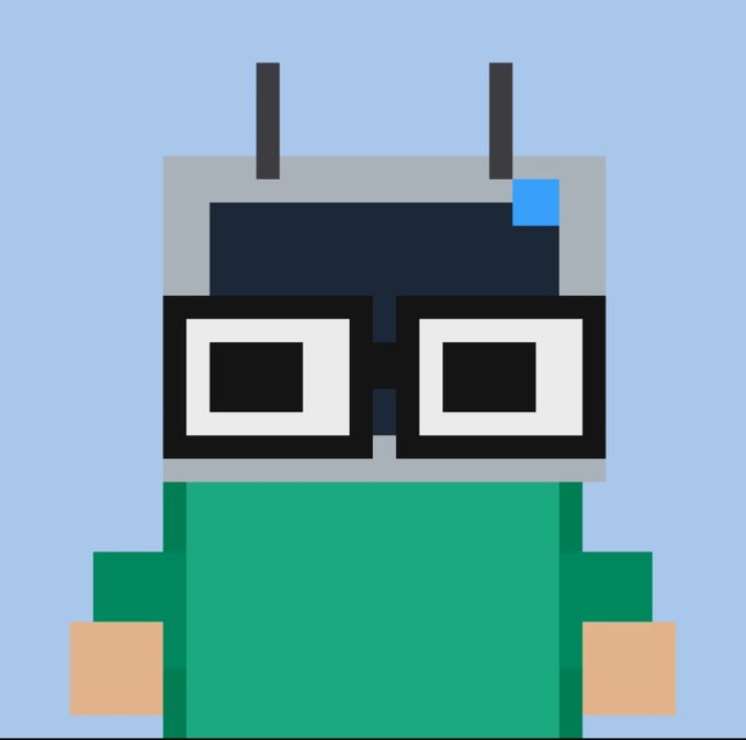 A minimalist pixel-art style illustration of a character with a grey square head, two antennae, thick black glasses, a green shirt, and tan hands against a light blue background.