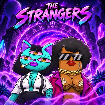 A colorful digital illustration titled 'THE STRANGERS' featuring a turquoise three-eyed cat character in a tie and a character with an afro, sunglasses, and gold chains against a purple mystical background.