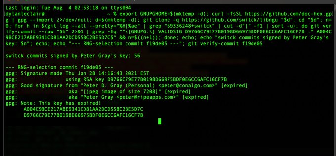 A computer terminal displaying green text on a black background, showing command-line operations involving git, GPG key verification, and SSH signatures signed by Peter Gray with an expired key status.