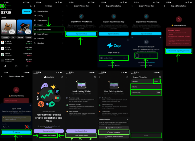 The image depicts a phone screen displaying various screens, including an explanation of how to export a private key using Zap for an asset management app like @phantom. The phones are in shades of black against a white background, with green and purple overlays indicating specific steps or options related to the app's functionality. This screen serves as a guide to ensure users understand the process and make informed decisions when managing their assets on Zap.