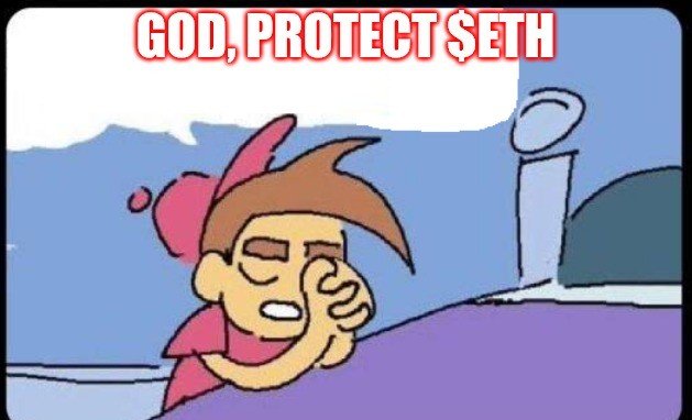 A cartoon-style meme with the text "GOD, PROTECT $ETH" at the top, showing an animated character rubbing their eyes wearily.