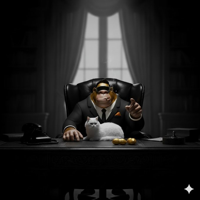 An anthropomorphic monkey wearing a suit and smoking a cigar sits at a desk with a white cat, gold ingots, and a vintage telephone, set in a dark, cinematic room.