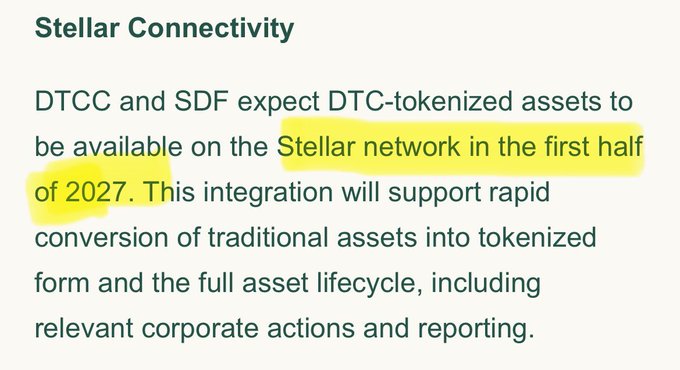 The image shows a screenshot of a text box with information about the DTCC and SDF networks, specifically about the integration of traditional assets into tokenized assets. The text box has a green background and yellow highlights that read "DTCC and SDF expect DTC-tokened assets to be available on the SDF network in the first half of 2027. This integration will support rapid conversion of traditional asset form and the full asset lifecycle, including relevant corporate actions and reporting."