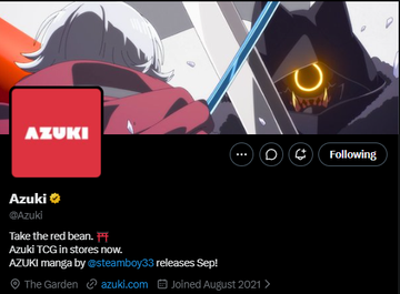 Twitter profile page for 'Azuki' (@Azuki) with a bio reading 'Take the red bean. Azuki TCG in stores now. AZUKI manga by @steamboy33 releases Sep!' featuring anime-style artwork.