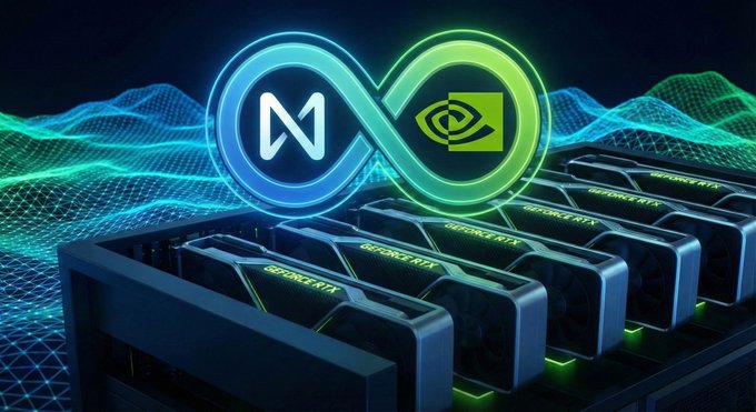 A digital artwork featuring an infinity symbol made of glowing blue and green tubes, with an 'N' logo inside the blue loop and an NVIDIA eye logo inside the green loop, set against a digital wave background with a computer rig below.