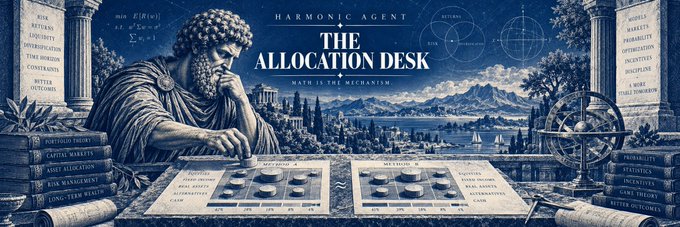 An illustrated banner titled 'HARMONIC AGENT THE ALLOCATION DESK' showing a classical figure seated at a control desk overlooking a coastal city.