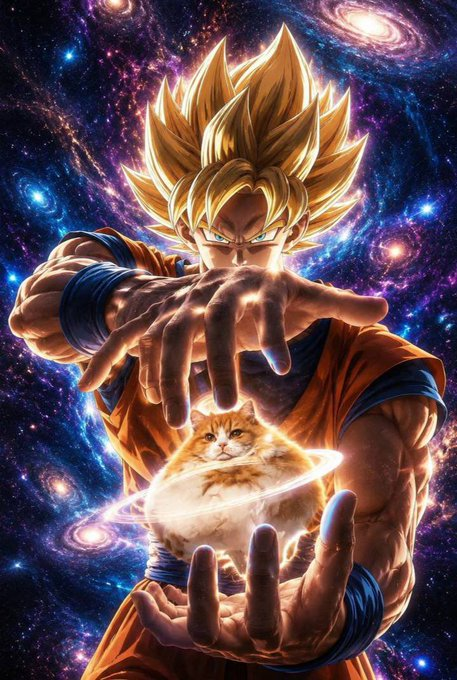 A Super Saiyan warrior with spiky golden hair summons an orange tabby cat floating in a glowing cosmic galaxy, symbolizing the $CATURN meme coin's "Super Saiyan" ascension. The cosmic energy and warrior stance visually represent the token's readiness to "advance" as hyped in the caption.