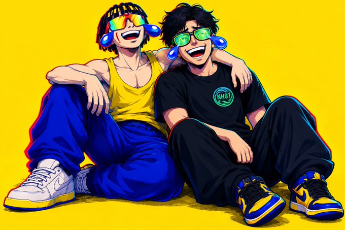 A vibrant anime-style illustration of two young men sitting together against a yellow background, wearing colorful sunglasses, tank top and graphic tee with sneakers.