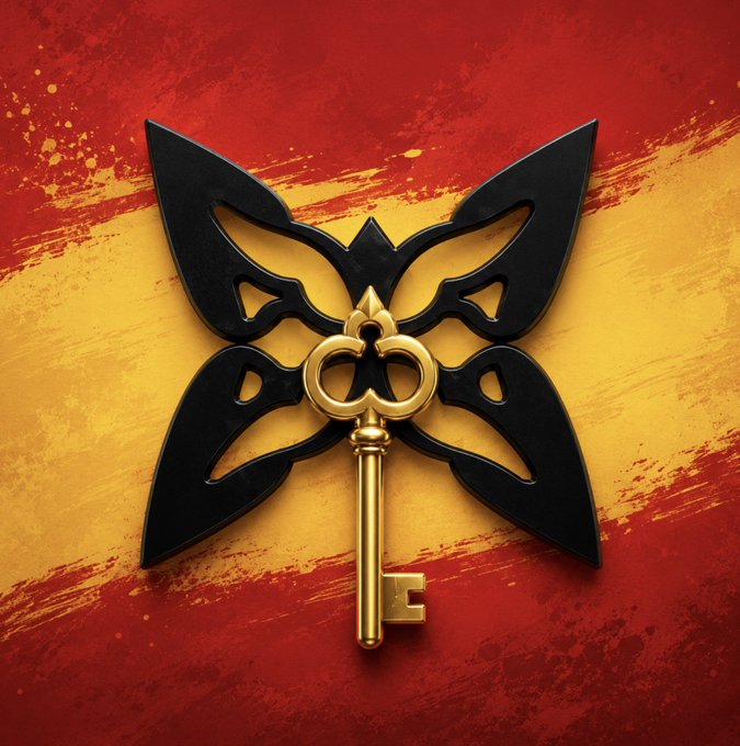 A decorative black butterfly-shaped key with a golden ornate bow and teeth, set against a red and yellow textured background.
