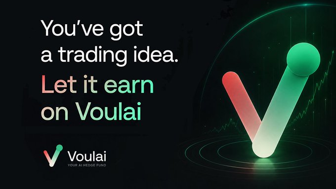 A promotional banner for Voulai featuring the tagline "You've got a trading idea. Let it earn on Voulai" alongside a stylized red-and-green V logo on a dark background with radar-like rings and a green chart line. The branding reinforces the post's message of a private, AI-powered hedge fund on NEAR where users can monetize trading strategies in plain English.
