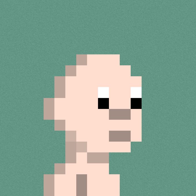 A pixel art character with a large head, simple black eyes, and a tan complexion is shown against a solid green background. The image relates to the post's reference to "Regenerates," likely representing the "Raptor" or a similar avatar from the community-focused NFT project being praised for its daily engagement and authentic community-building efforts.