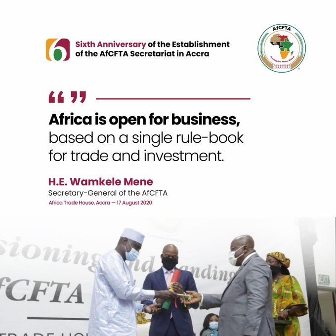 An AfCFTA (African Continental Free Trade Area) graphic celebrating the 'Sixth Anniversary of the Establishment of the AfCFTA Secretariat in Accra', featuring a quote from H.E. Wamkele Mene and a photo of officials.