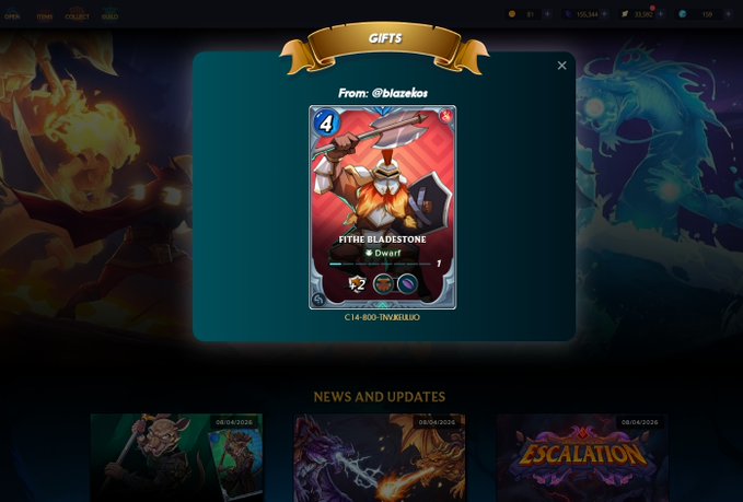 The image shows a Splinterlands game screen displaying a gift notification from "@blazekos" featuring a "Fire Bladestone" Dwarf card (C14-80D-INVUELLUC), which relates to the post by showcasing the Web3 trading card game's gifting feature and in-game asset exchange between players.