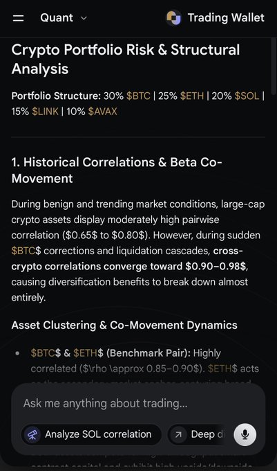 A mobile screen shows a “Crypto Portfolio Risk & Structural Analysis” report for $BTC, $ETH, $SOL, $LINK, and $AVAX, with sections on correlations and beta co-movement.