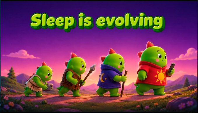 A 3D-rendered cartoon image with the headline 'Sleep is evolving' showing four green characters in an evolutionary progression from a caveman to a modern smartphone user, set in a colorful landscape at sunset.