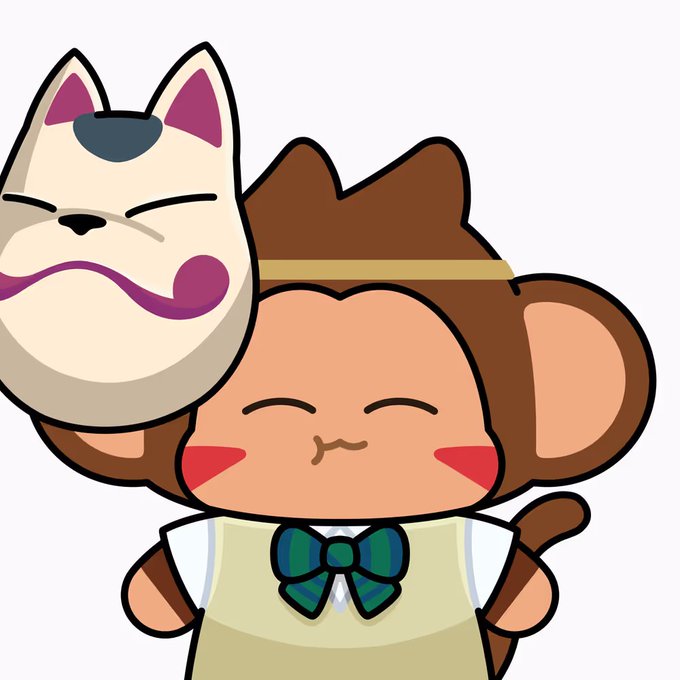 A cute cartoon illustration of a smiling monkey-like character wearing a sailor-style collar with a green and blue bow, holding up a traditional Japanese fox mask.