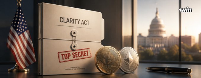 A graphic depicting the 'CLARITY ACT' folder stamped 'TOP SECRET' alongside a Bitcoin and Ethereum coin, with the US Capitol building and American flag in the background, branded with 'twin'.