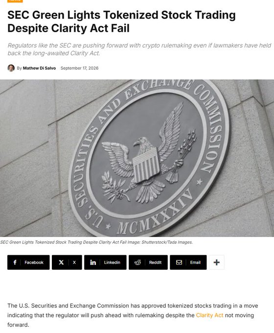 A news article titled 'SEC Green Lights Tokenized Stock Trading Despite Clarity Act Fail' by Mathew Di Salvo, dated September 17, 2026, featuring an image of the U.S. Securities and Exchange Commission seal.